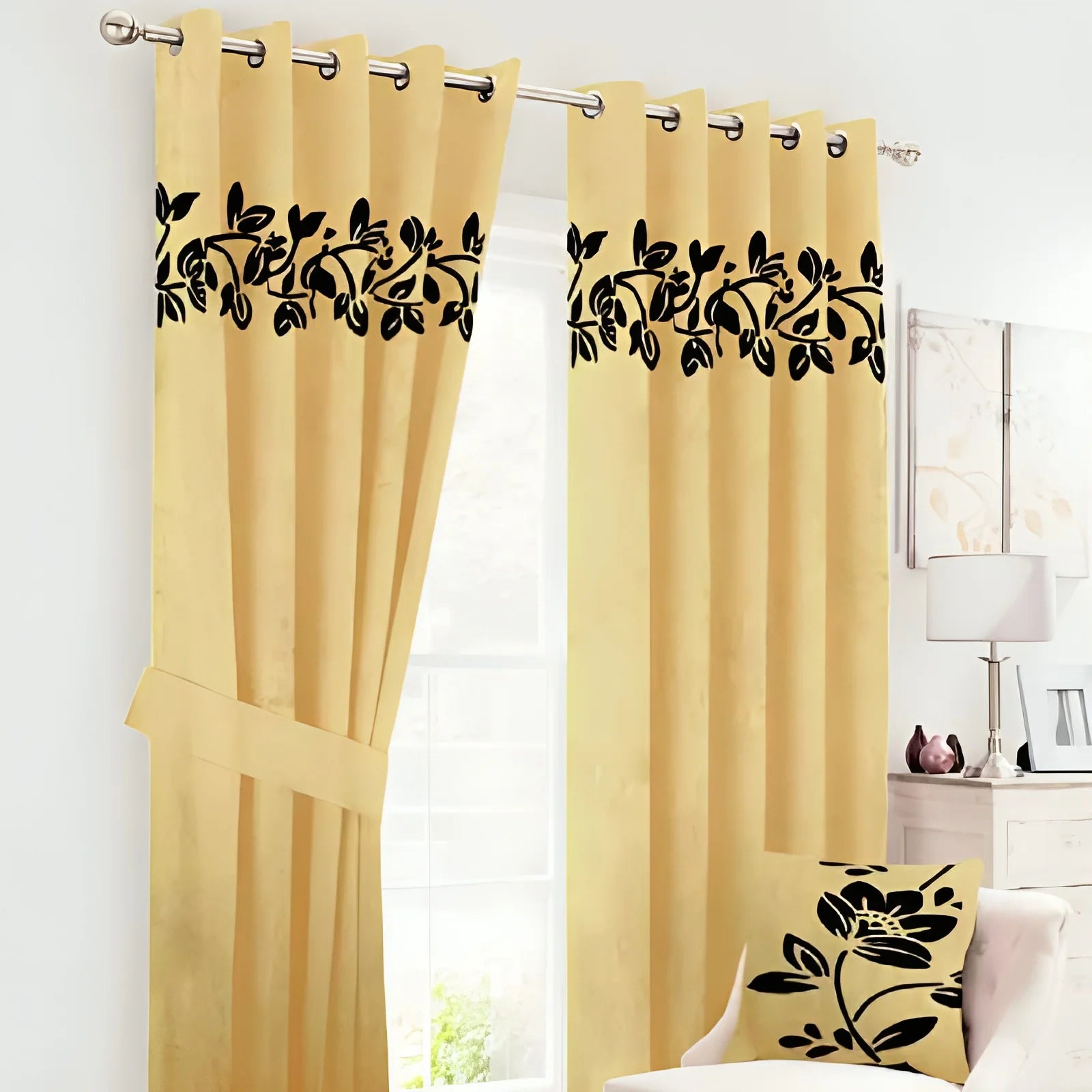 Luxury Top Border Floral Design Velvet Curtain - FL-002