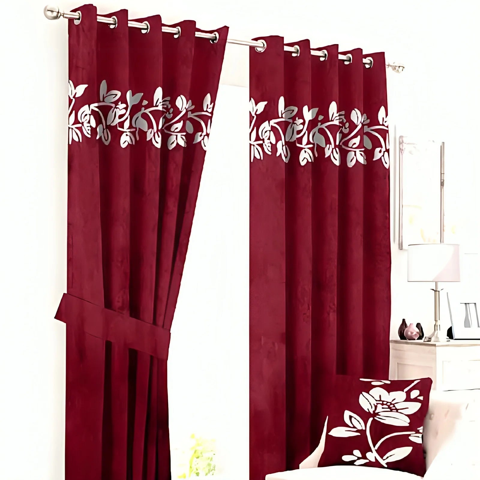 Luxury Top Border Floral Design Velvet Curtain - FL-003