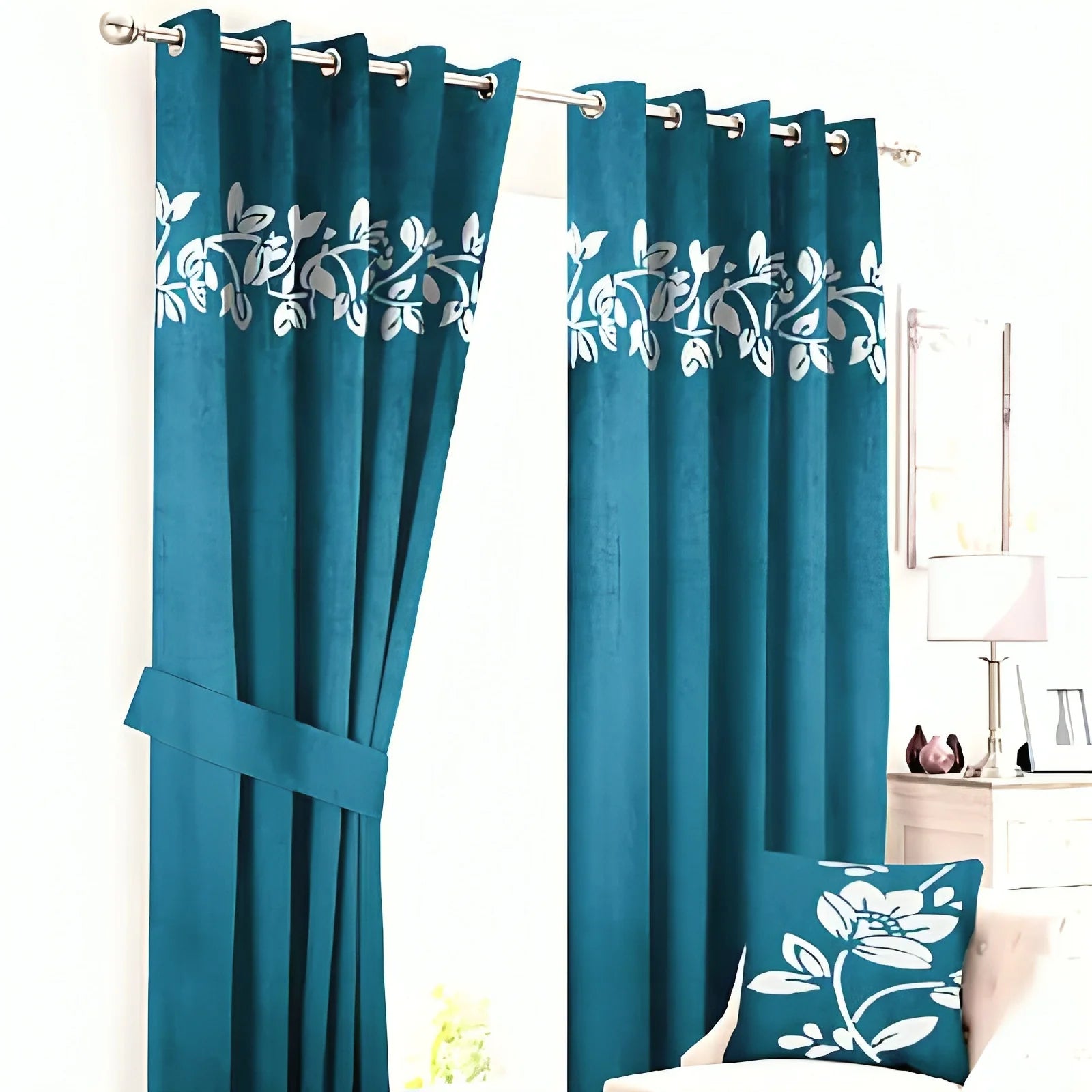 Luxury Top Border Floral Design Velvet Curtain - FL-004