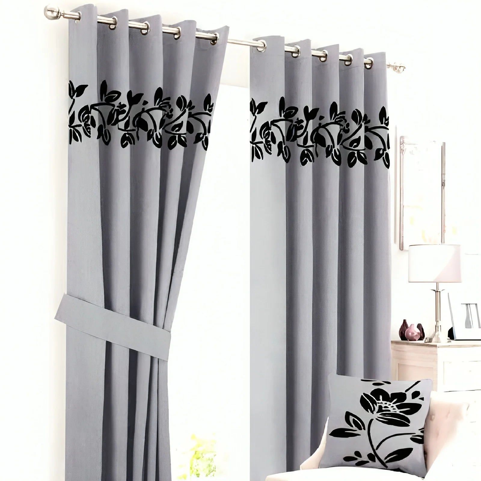 Luxury Top Border Floral Design Velvet Curtain - FL-005