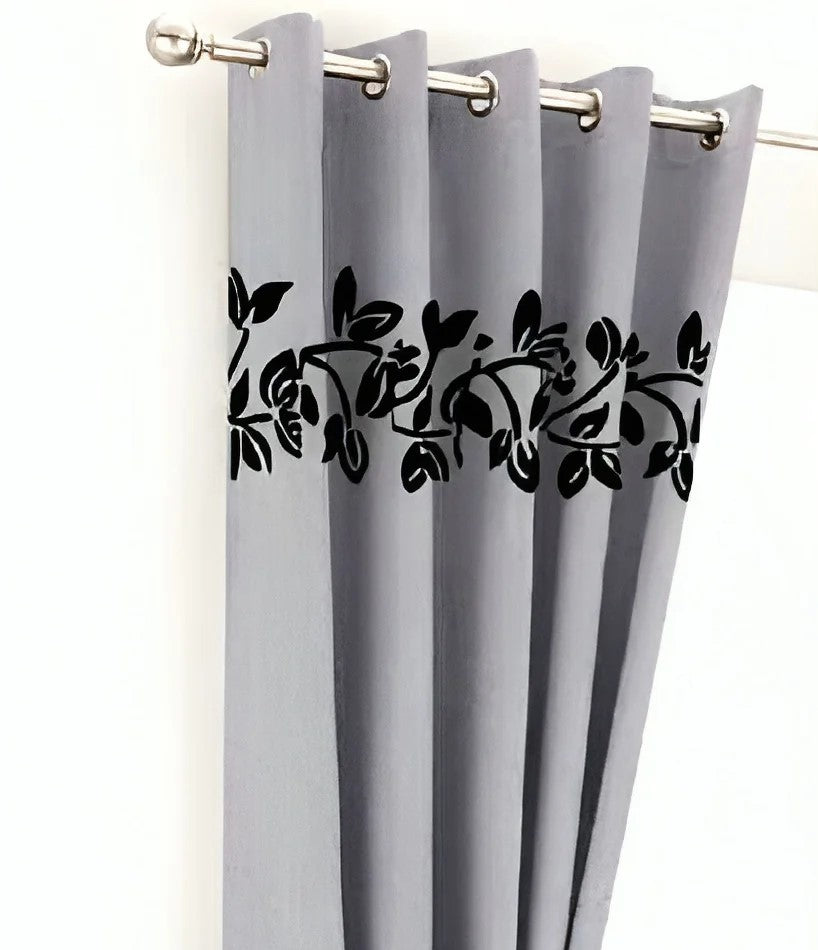 Luxury Top Border Floral Design Velvet Curtain - FL-005