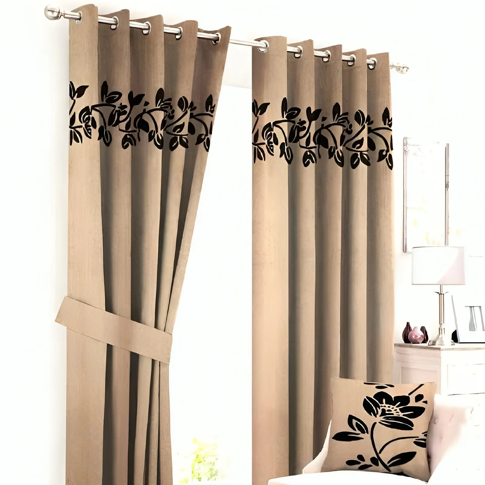 Luxury Top Border Floral Design Velvet Curtain - FL-006