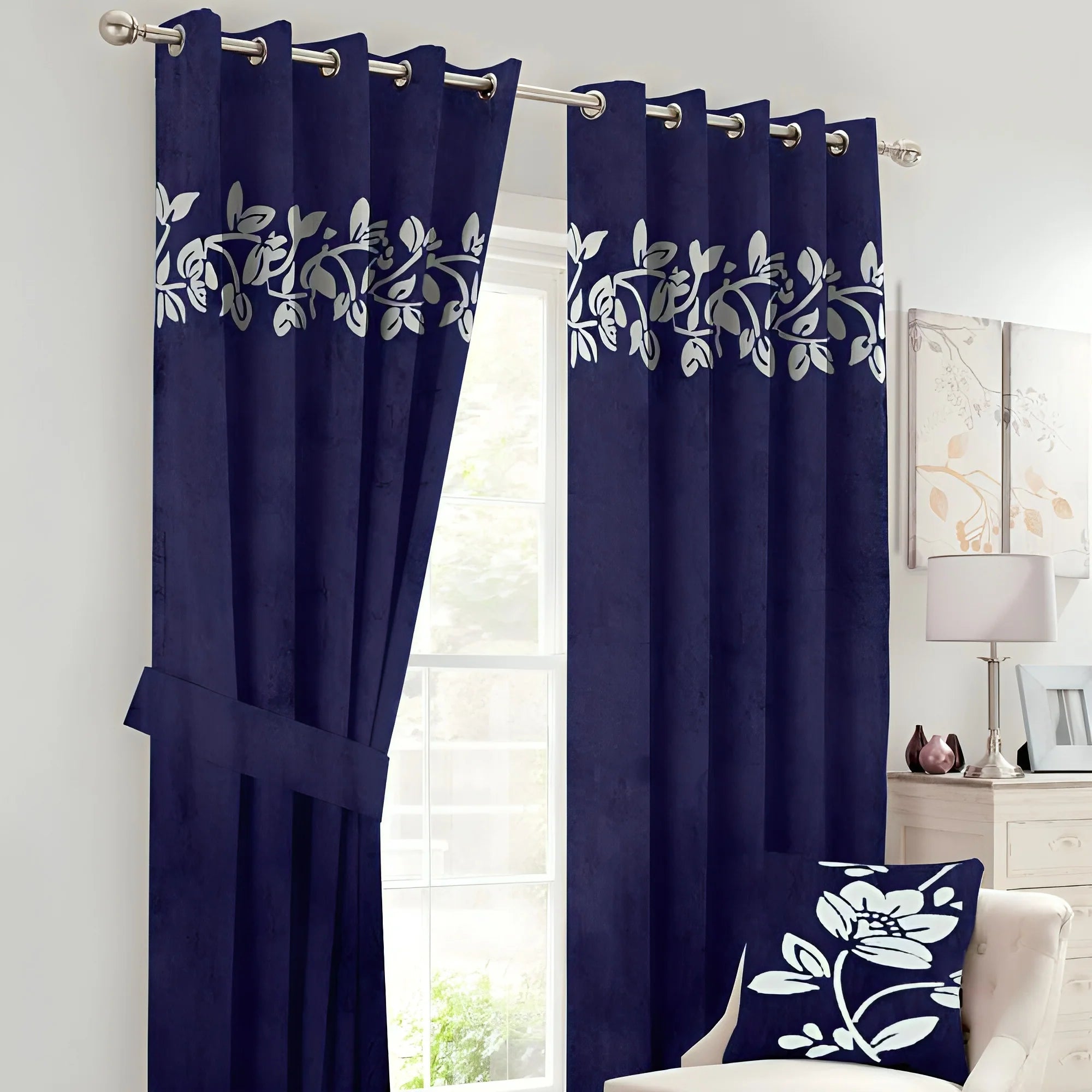 Luxury Top Border Floral Design Velvet Curtain - FL-007