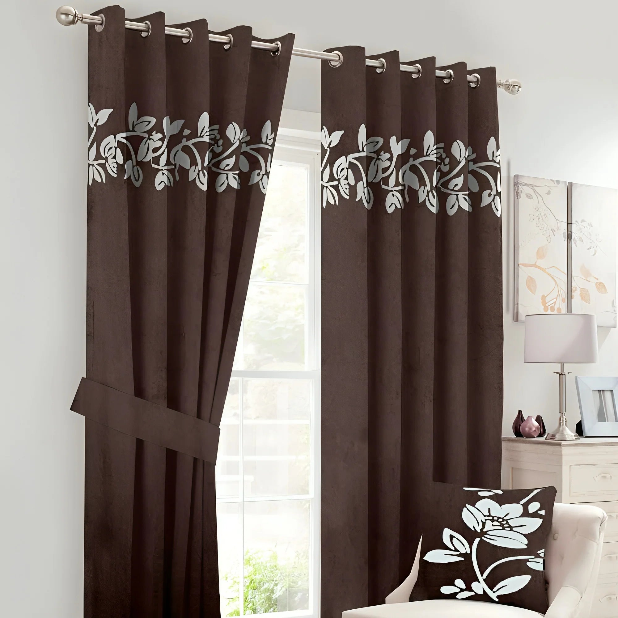 Luxury Top Border Floral Design Velvet Curtain - FL-008